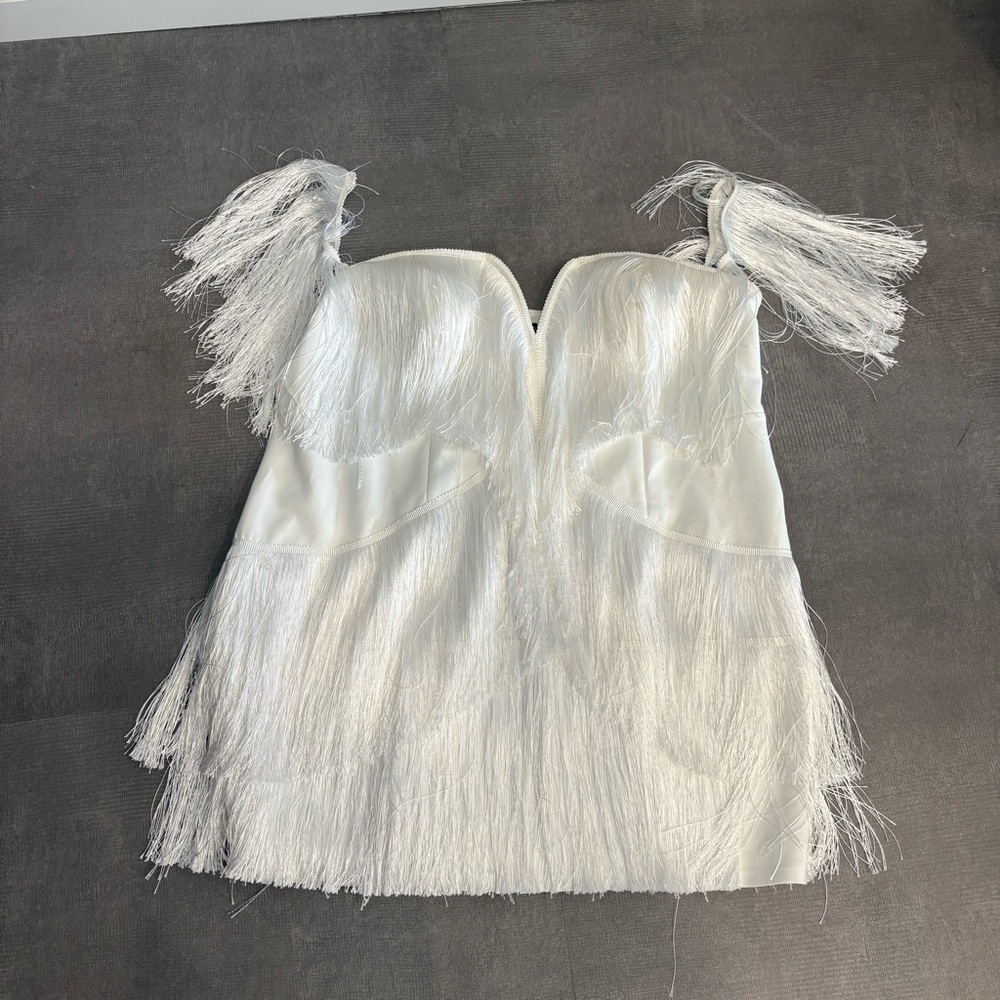 Giffniseti Off the Shoulder White Fringe Mini Dress 4XL